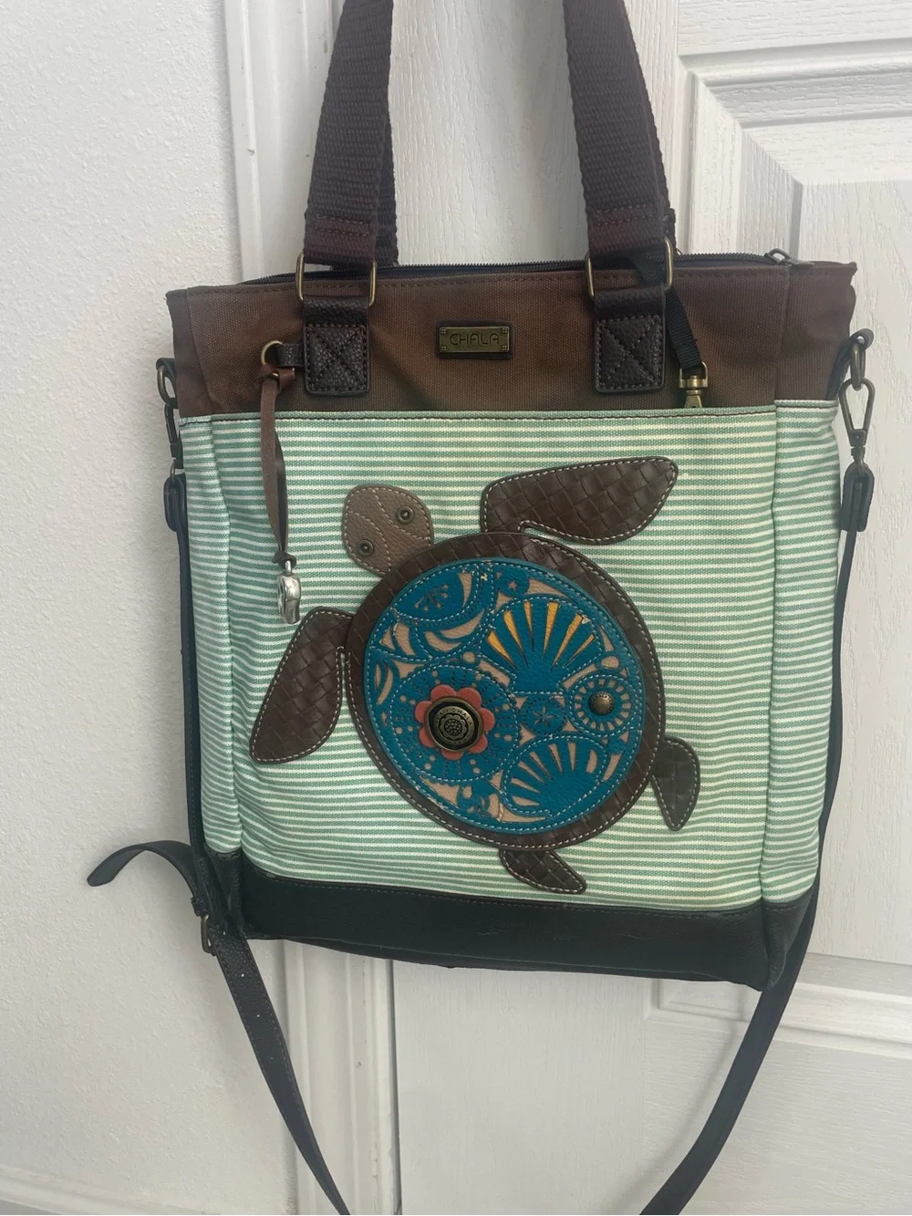 Chala Brown & Teal Turtle Appliqué Strip-Pattern Tote